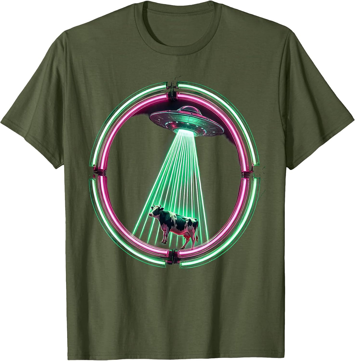 Men's Alien Cow Abduction Tractor Beam UFO Design T-Shirt - Olive Green