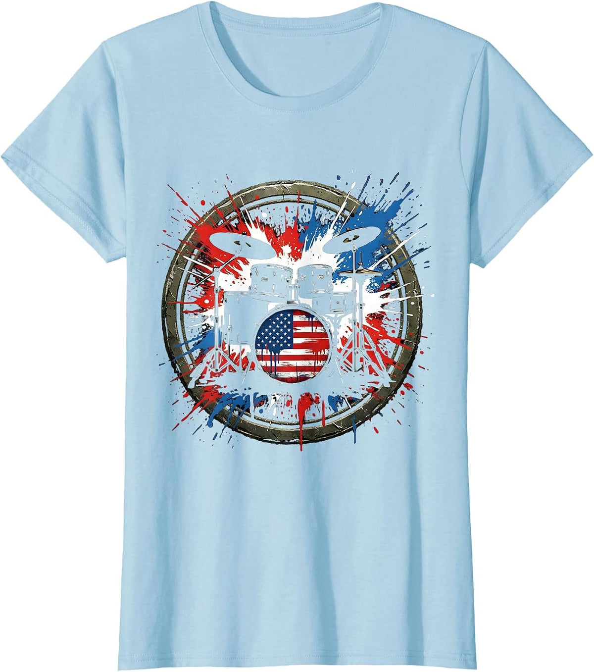 Women's Patriotic Drum Kit Red White and Blue Splatter T-Shirt - Baby Blue