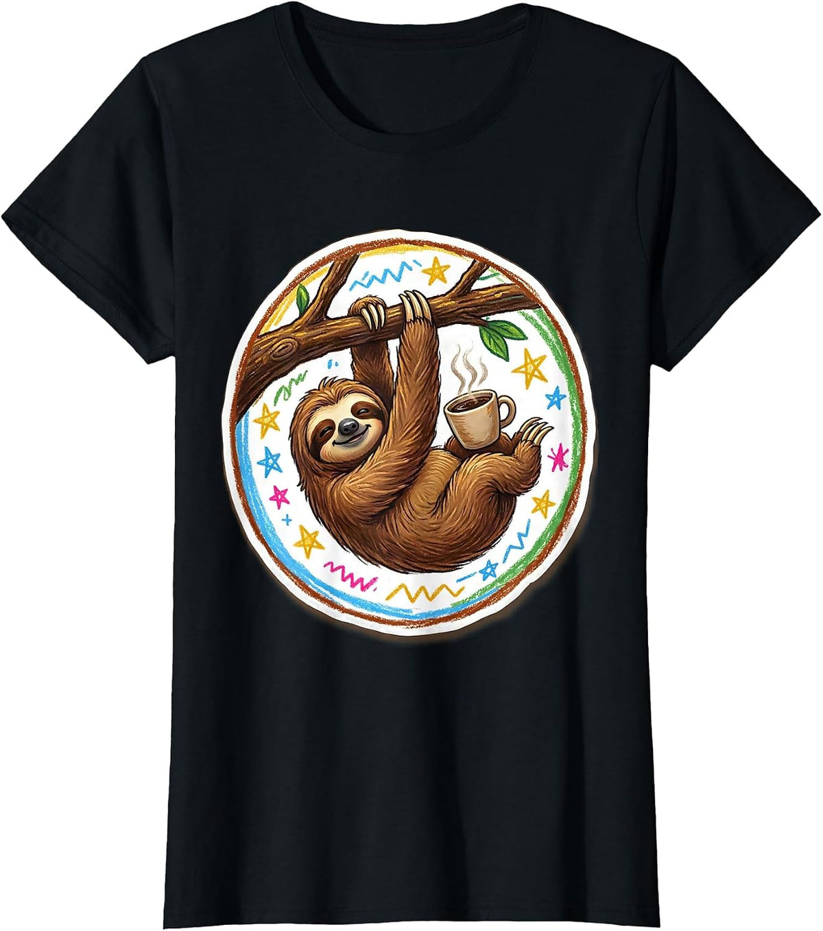 Funny Sloth Hanging With Coffee Graphic Tee T-Shirt - Black