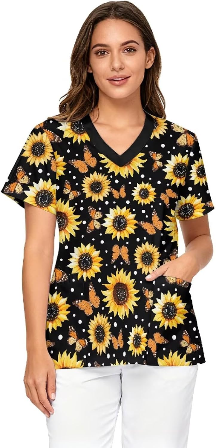 Women's Scrub Top Short Sleeve V-Neck Shirt Medical Uniform for Nurses Healthcare Workers with Pockets Size S-5XL -