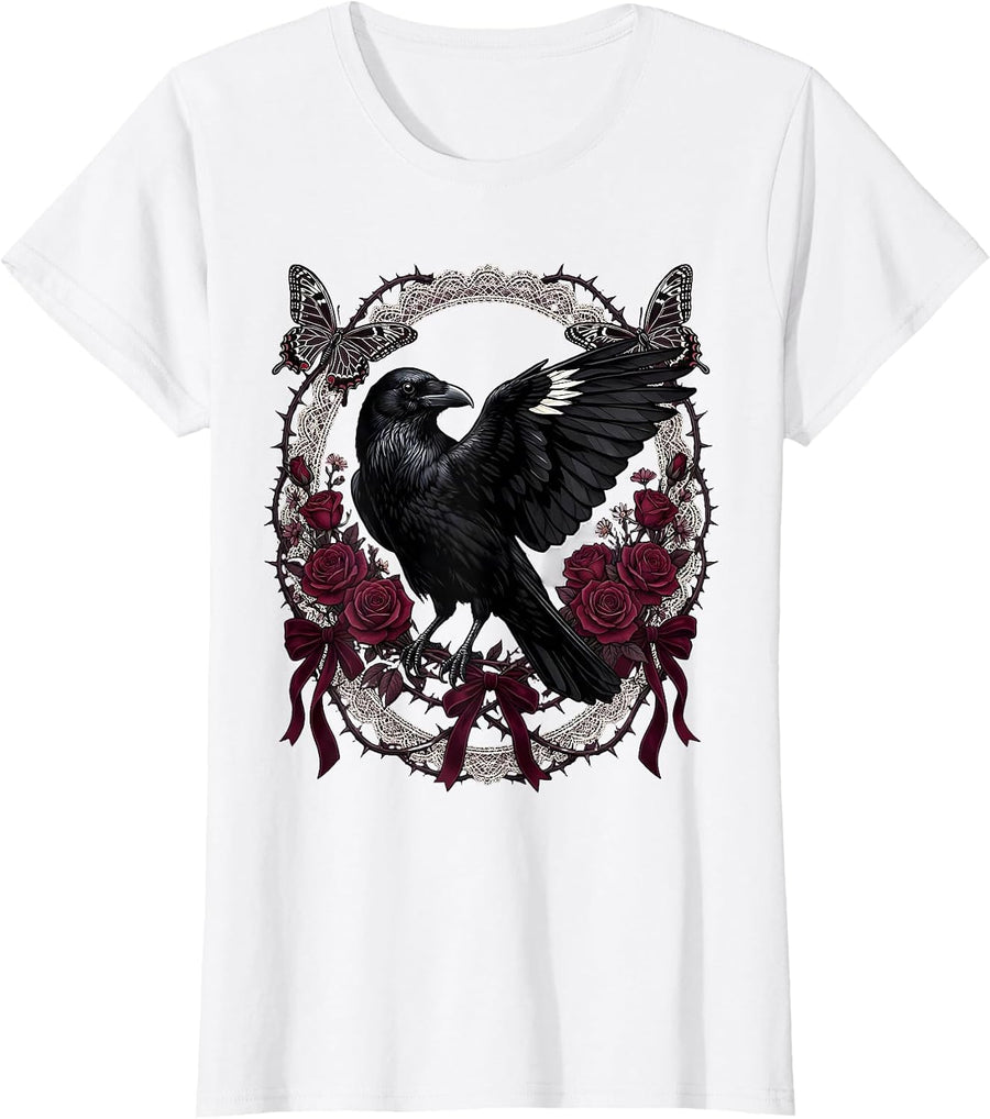 Women's Crow Wildflowers and Butterflies Nature Design T-Shirt - White