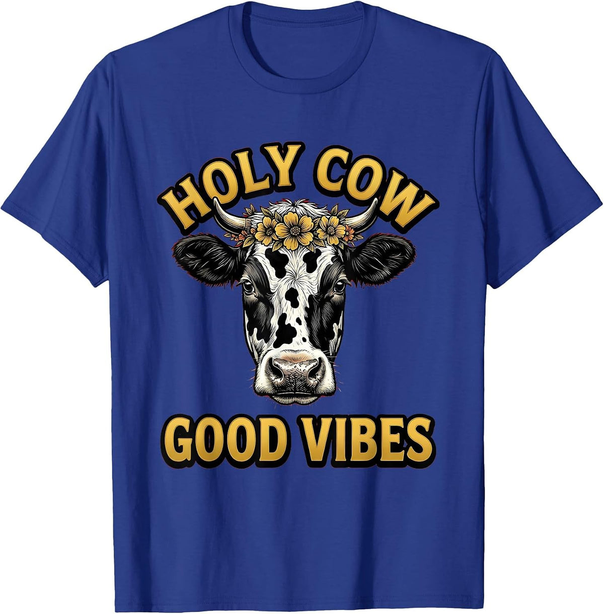 Men's Holy Cow Good Vibes Cow Print Design T-Shirt - Royal Blue