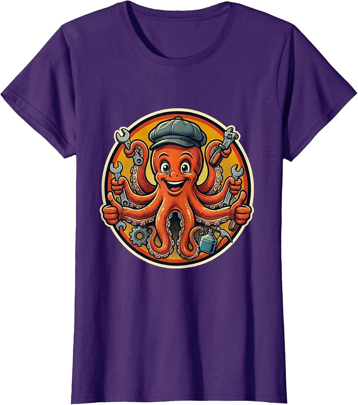 Women's Octopus Mechanic Graphic Tee Funny Auto Repair T-Shirt - Purple