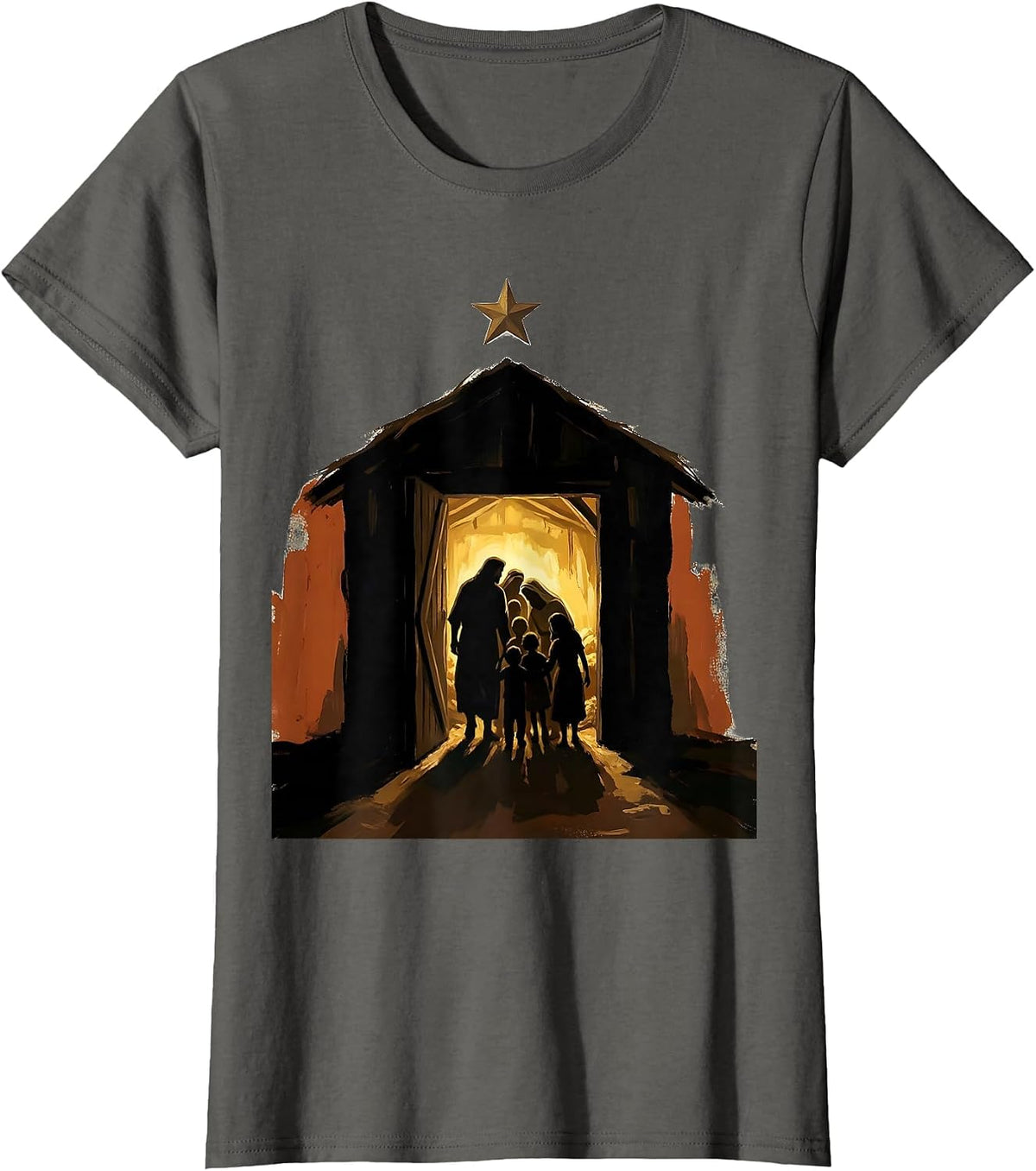 Women's Open Door Nativity Family Christmas Faith Tribute T-Shirt - Asphalt Grey
