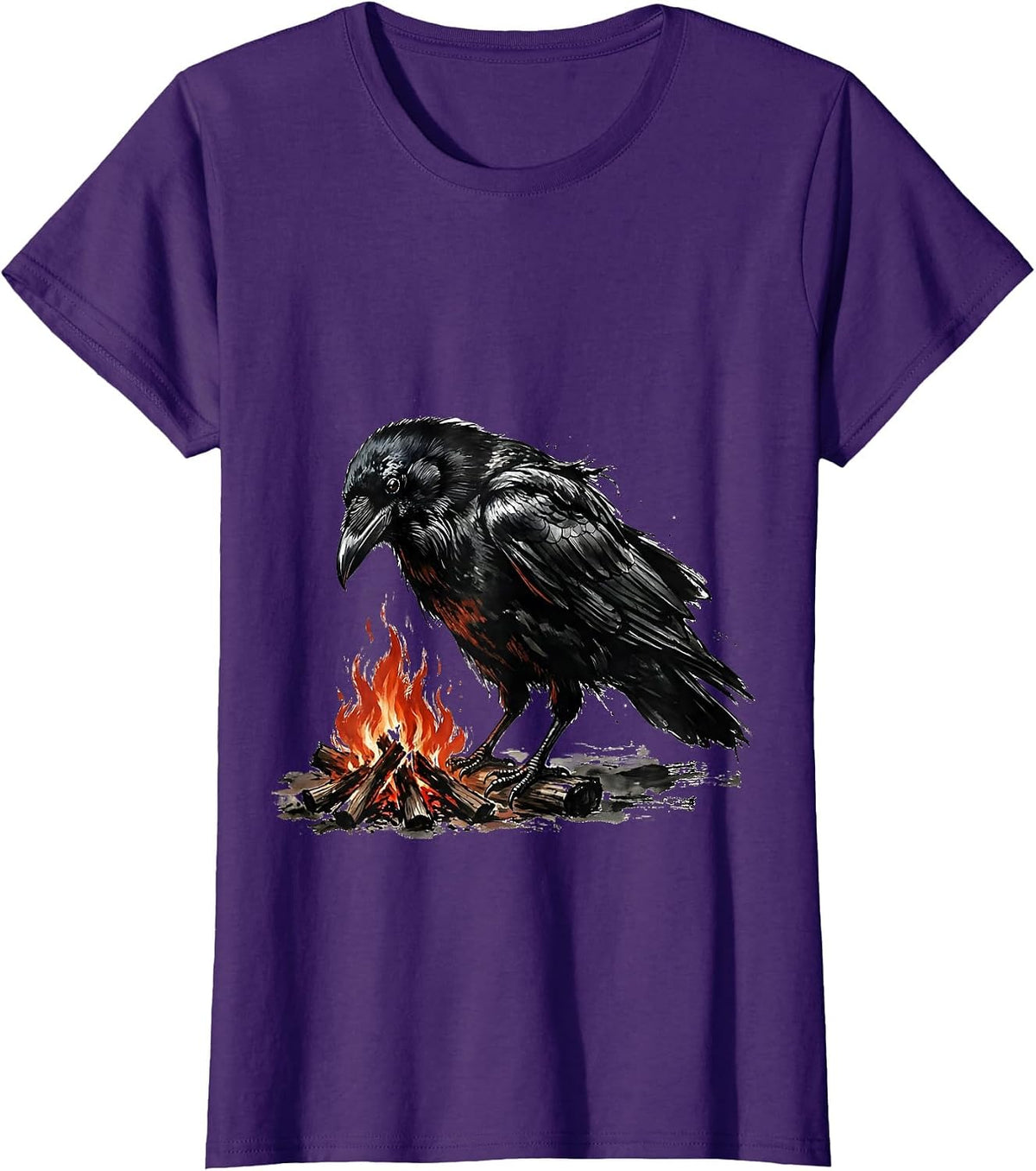 Women's Crow Campfire Wilderness Night Graphic T-Shirt - Purple