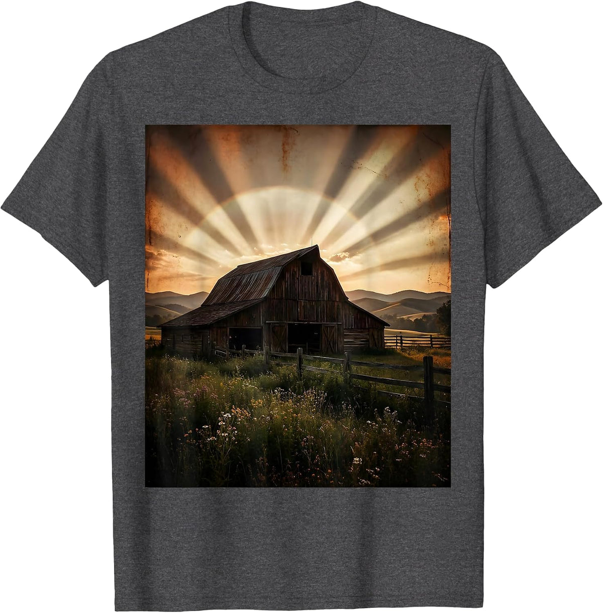 Barn at Dusk Rolling Hills Scenic Illustration T-Shirt - Dark Heather Grey