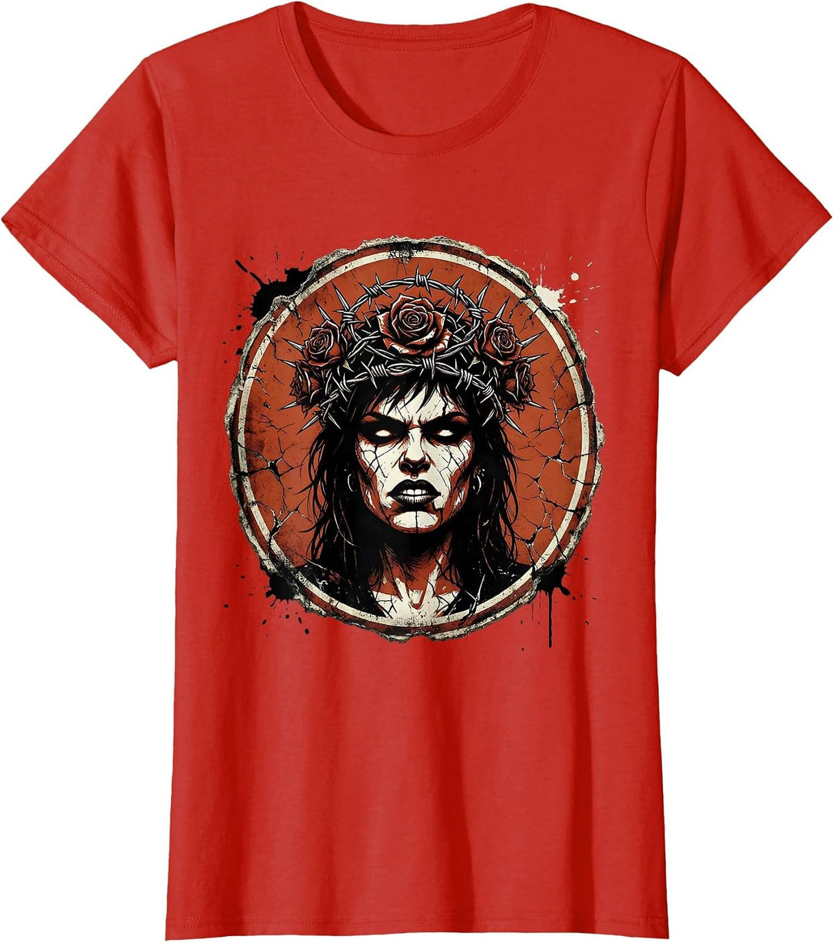Punk Girl Roses and Razor Wire Crown Graphic T-Shirt - Red