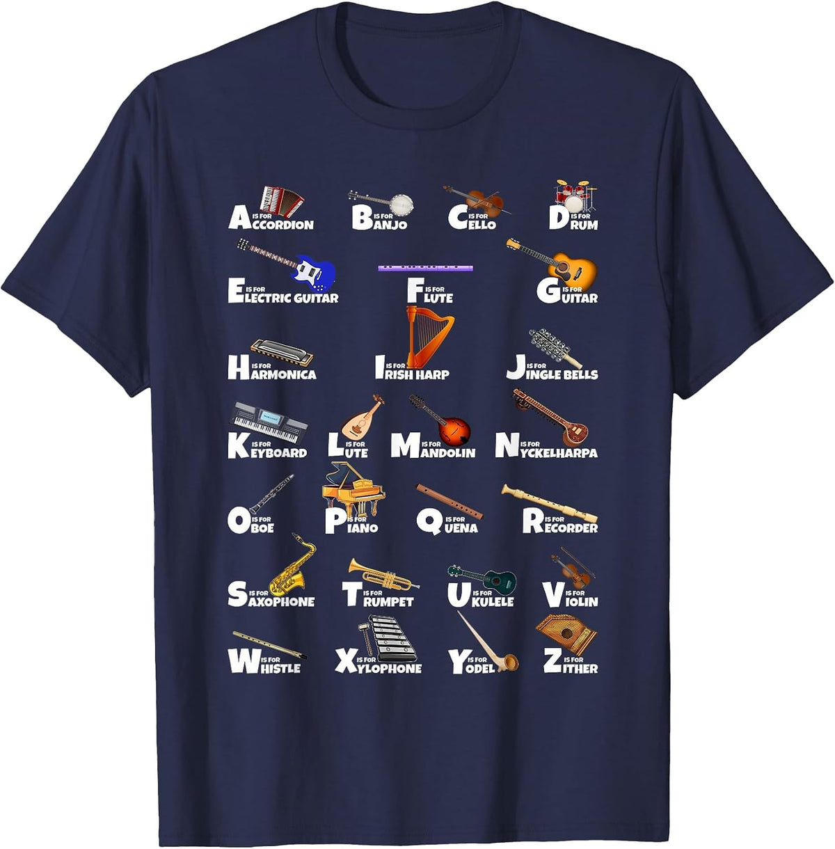 Musician Tee ABC Music Types Identification Musical Alphabet T-Shirt - Navy Blue