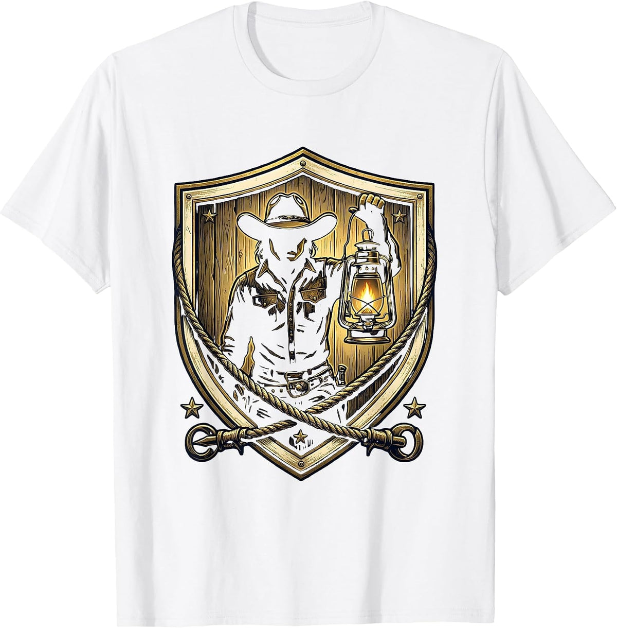 Men's Cowgirl Glowing Lantern Dark Barn Illustration T-Shirt - White