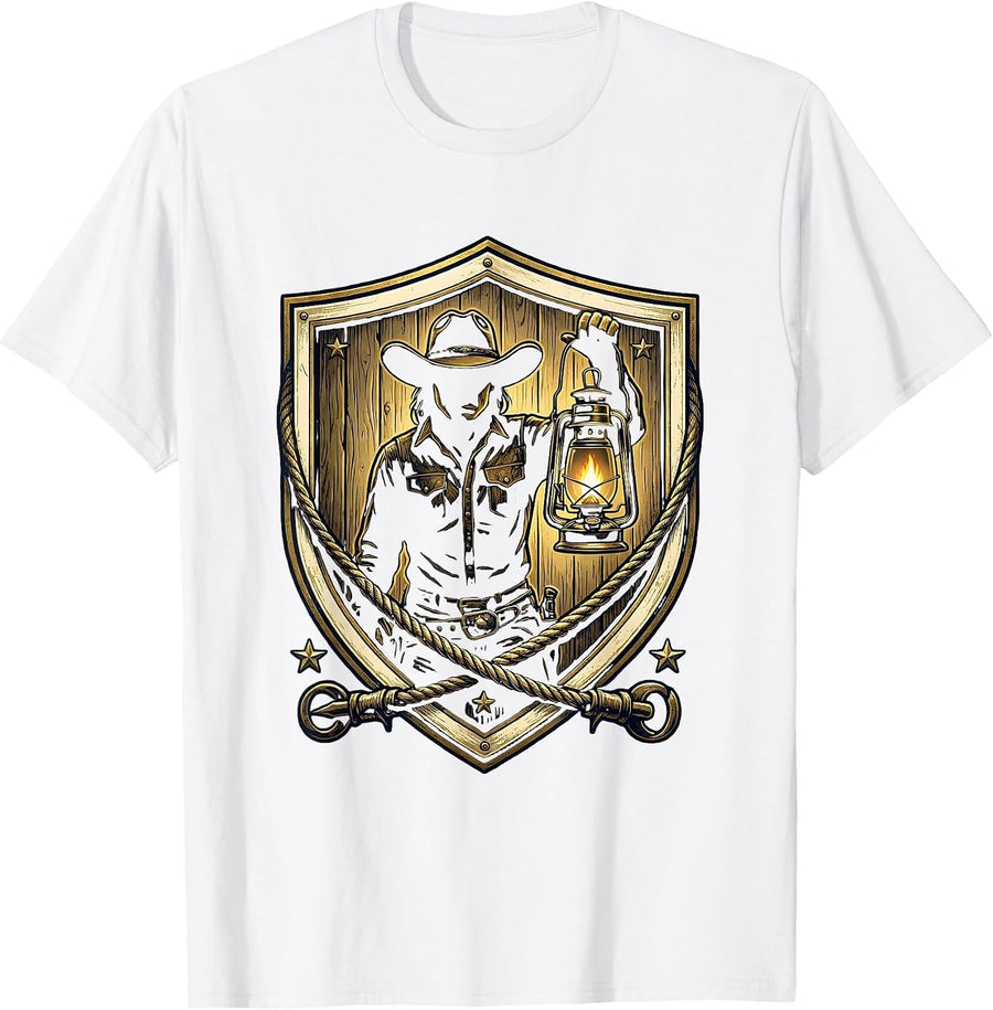 Men's Cowgirl Glowing Lantern Dark Barn Illustration T-Shirt - White