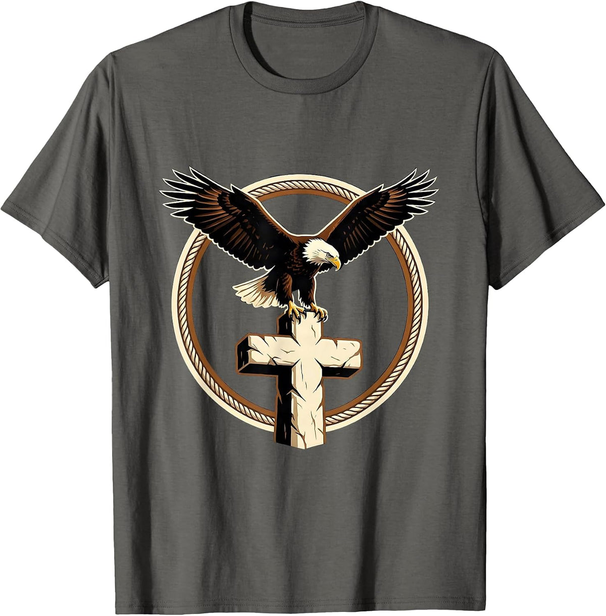 Men's Bald Eagle Perched on Stone Cross Christian Design T-Shirt - Asphalt Grey