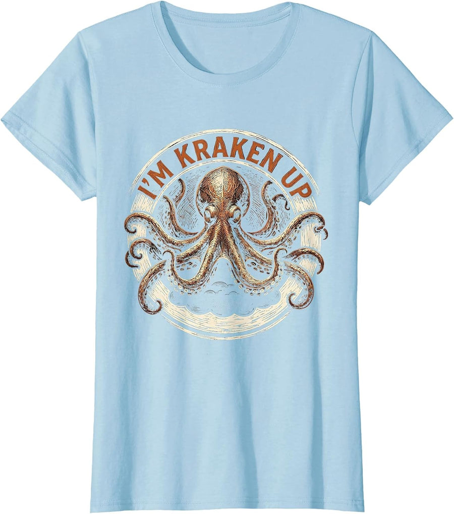 Women's I'm Kraken Up Vintage Woodcut Engraving Octopus Lover Humor T-Shirt - Baby Blue