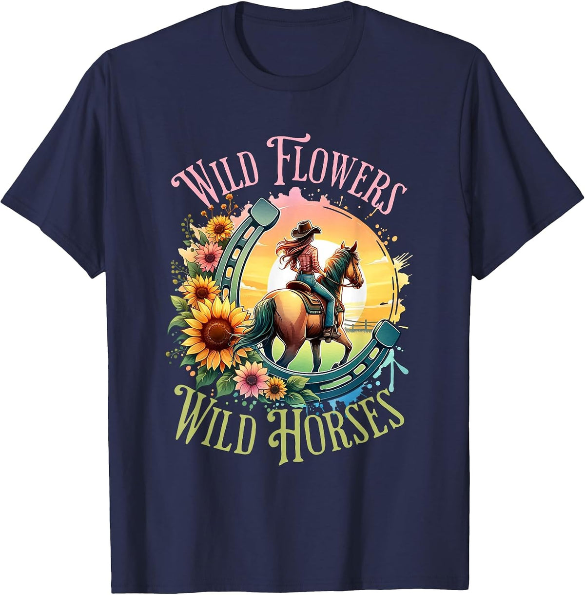 Wild Flowers & Wild Horses Country Sunset Western Cowgirl T-Shirt - Navy Blue