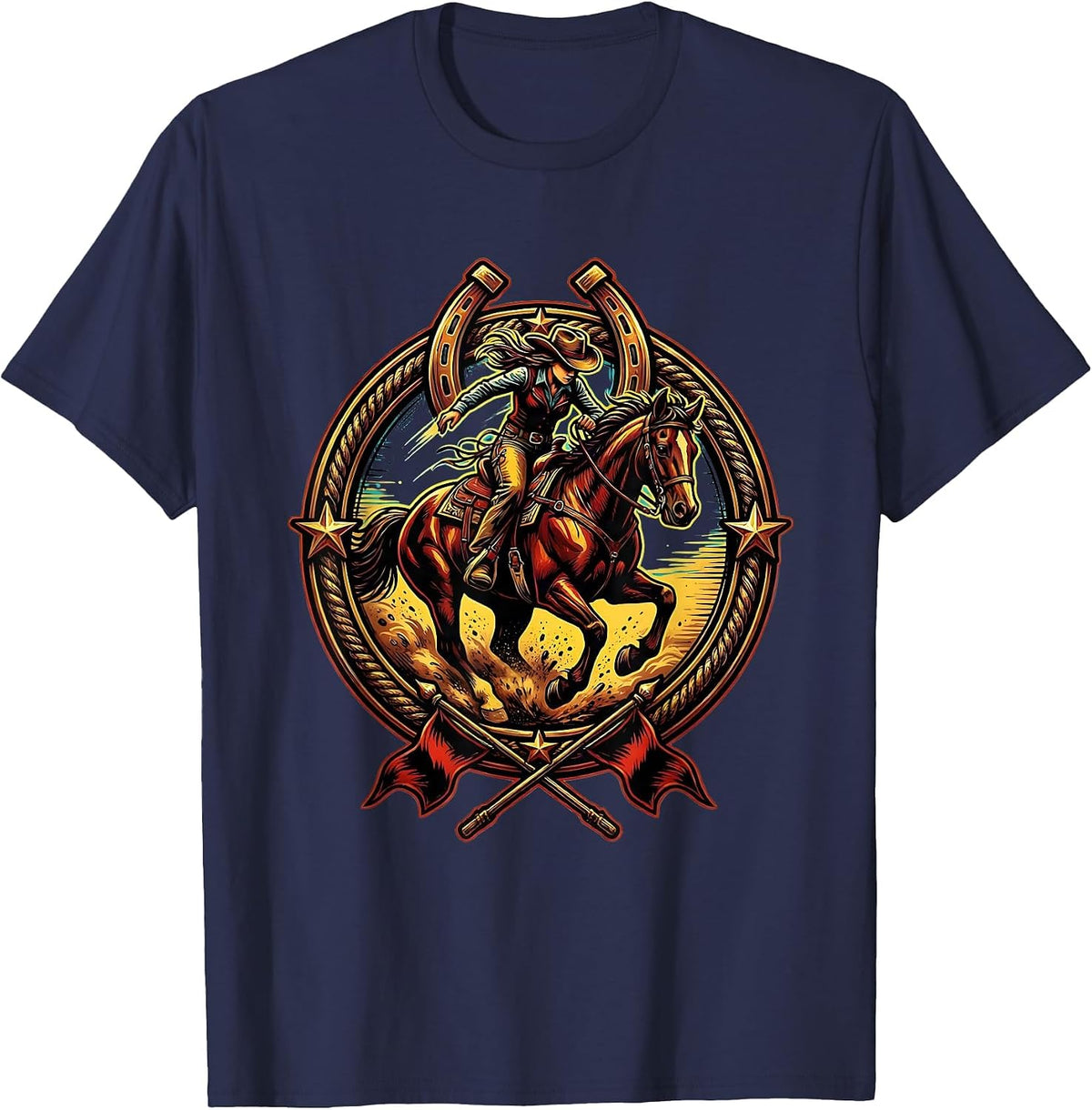 Barrel Racer Leaning Into The Turn Rodeo Design T-Shirt - Navy Blue