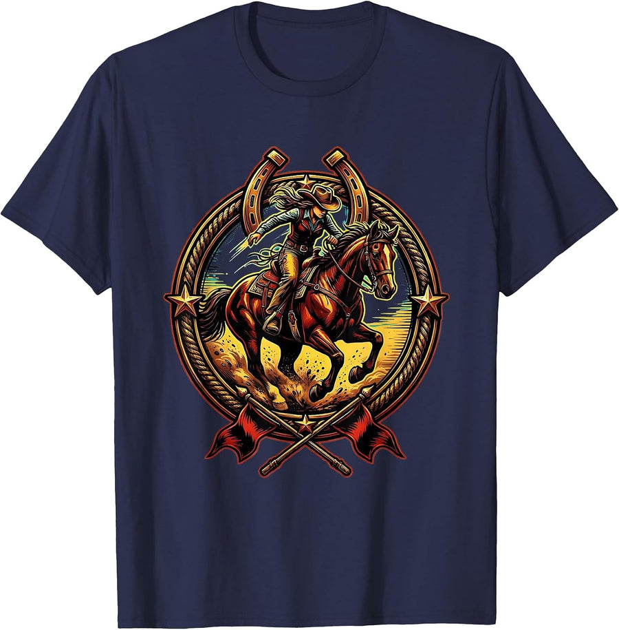 Barrel Racer Leaning Into The Turn Rodeo Design T-Shirt - Navy Blue