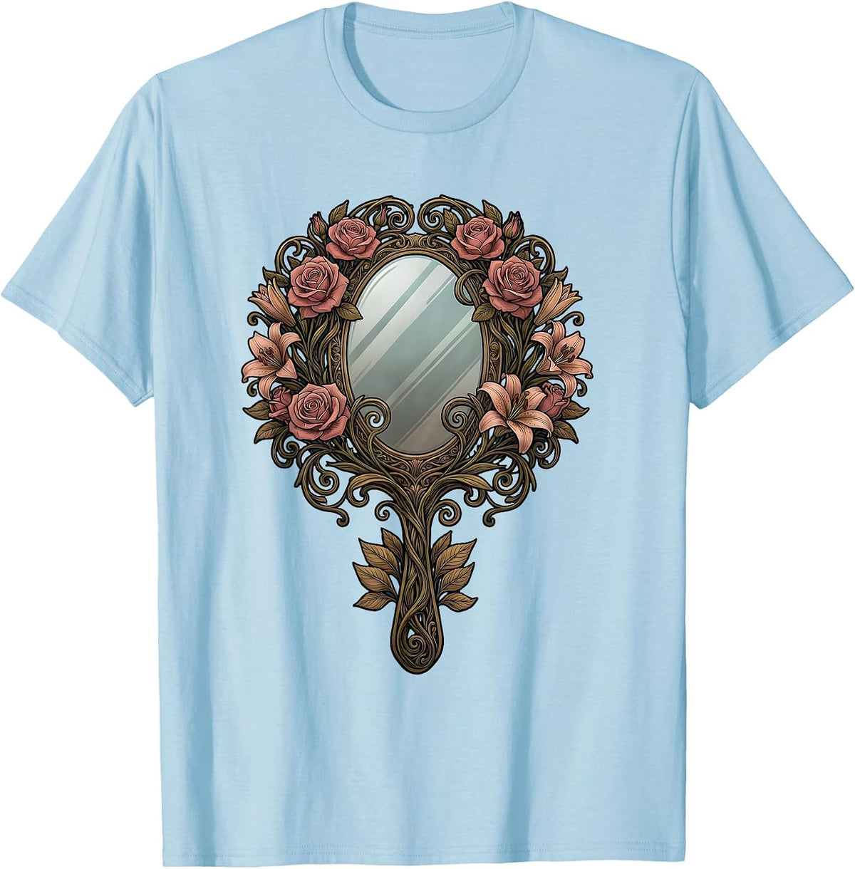 Men's Gigi Ornate Floral Hand Mirror Illustration T-Shirt - Baby Blue