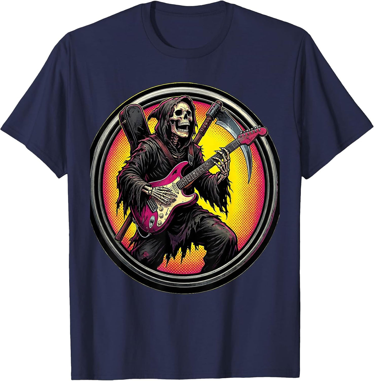 Grim Reaper Air Guitar Rock Death Metal Design T-Shirt - Navy Blue