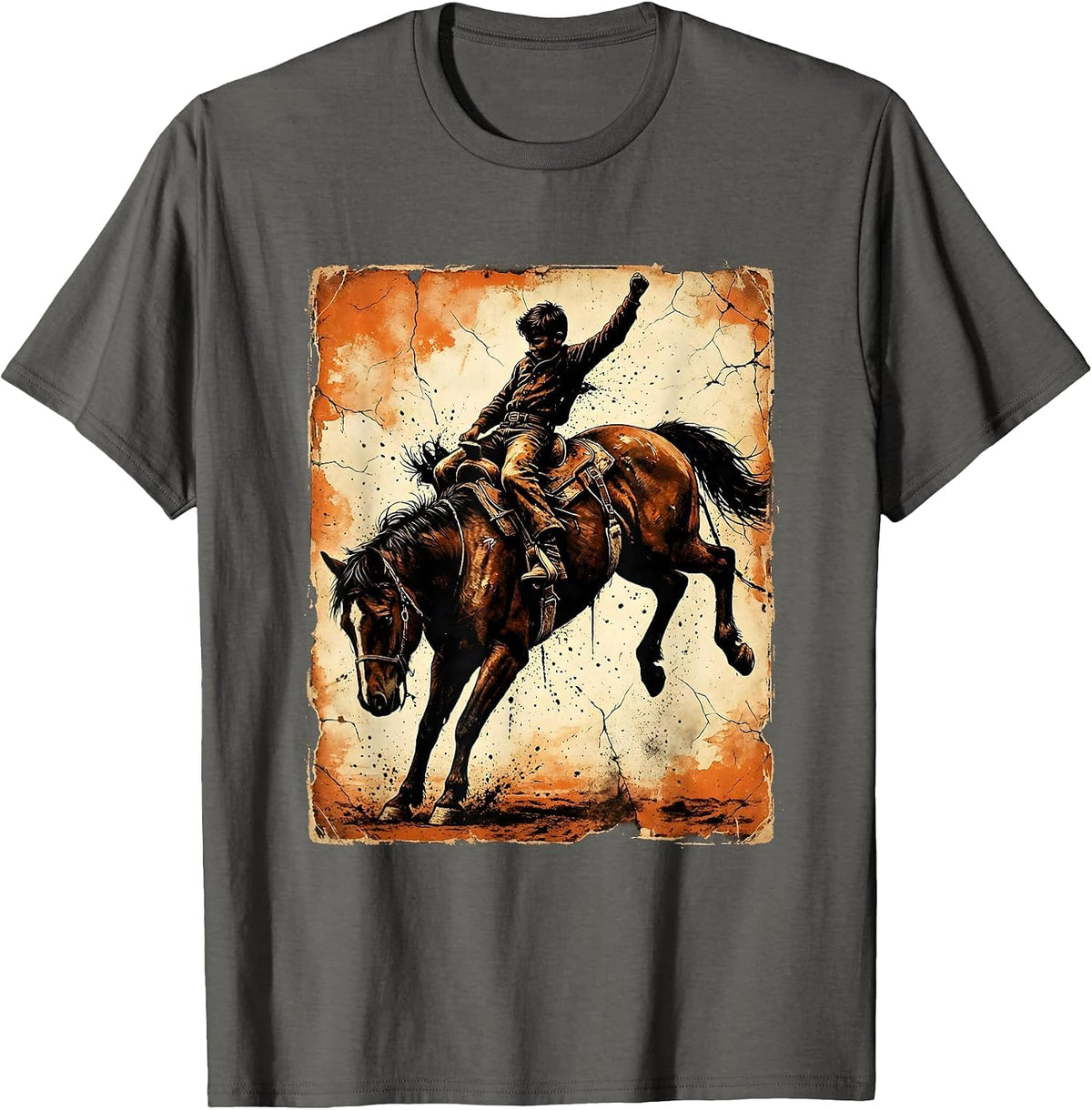 Western Boy Riding Bucking Bronco Illustration T-Shirt - Asphalt Grey