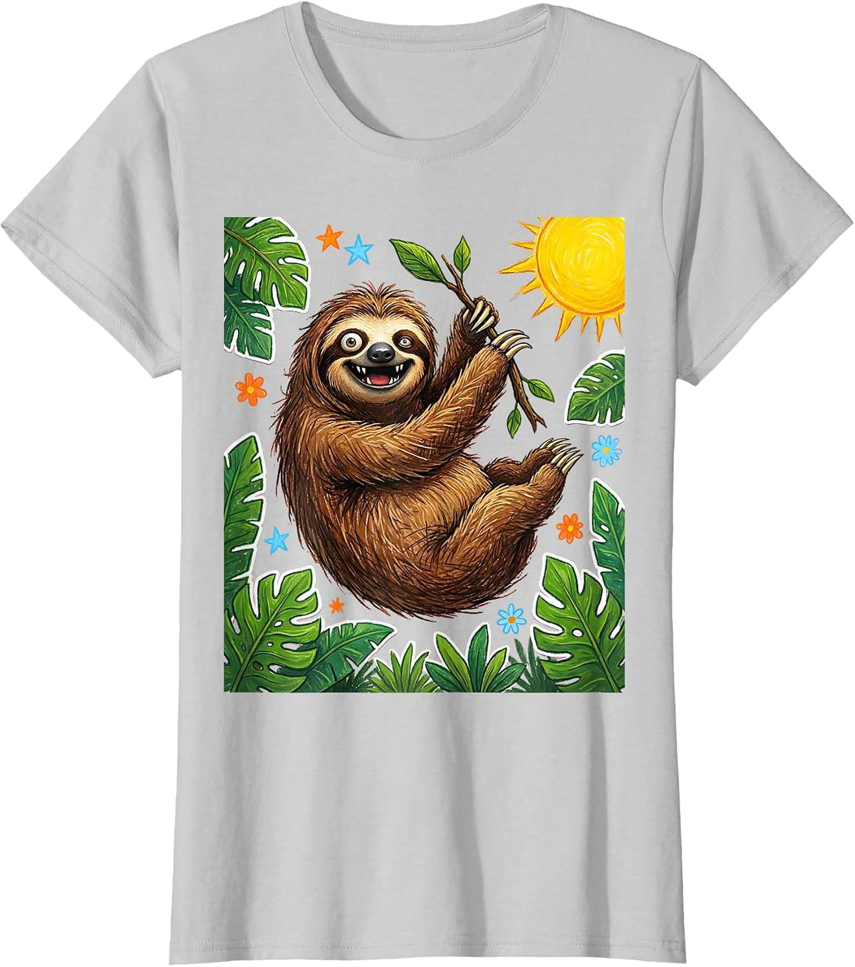 Derpy Sloth Hanging From Wrong Branch T-Shirt - Silver Grey