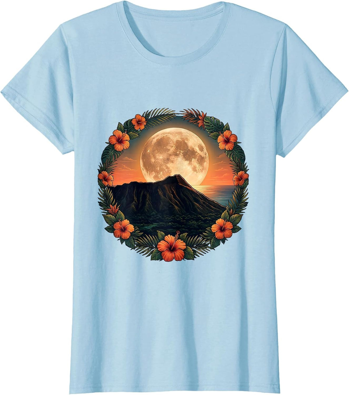 Moonlit Diamond Head Volcanic Crater Hawaii Art T-Shirt - Baby Blue