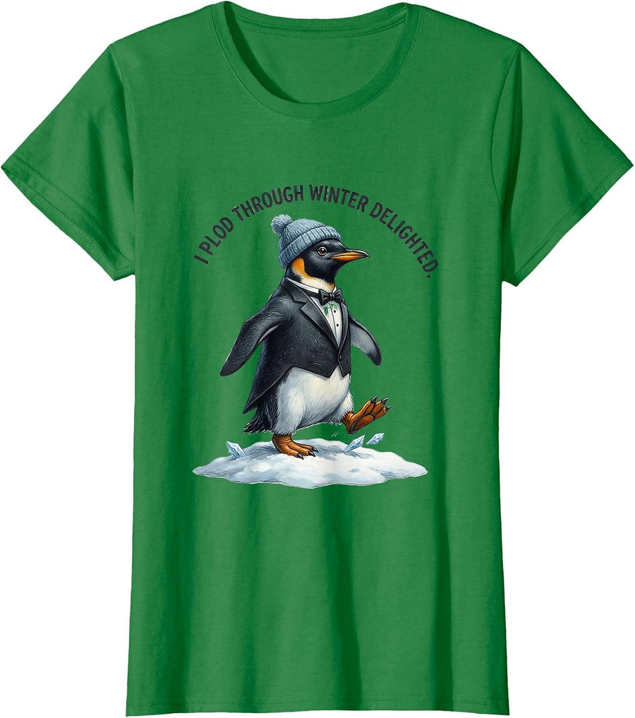 Women's I Plod Through Winter Delighted Funny Penguin Lover Novelty T-Shirt - Kelly Green