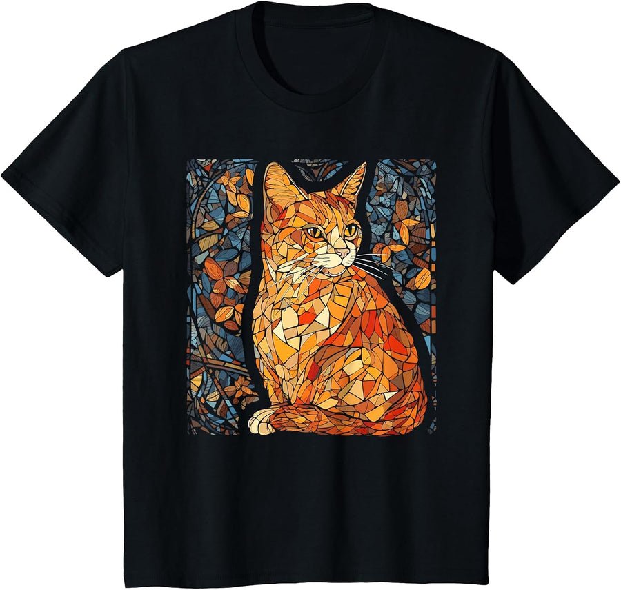 Stained Glass Window Art Artistic Tabby Orange Cat Lovers T-Shirt - Black
