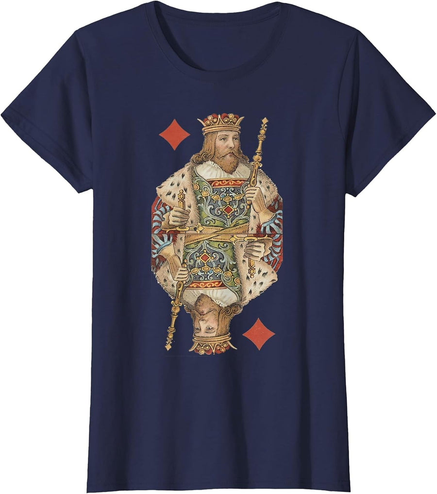 King of Diamonds Antique Art Nouveau Playing Card Art T-Shirt, Women, Navy Blue, Large - As Pictured