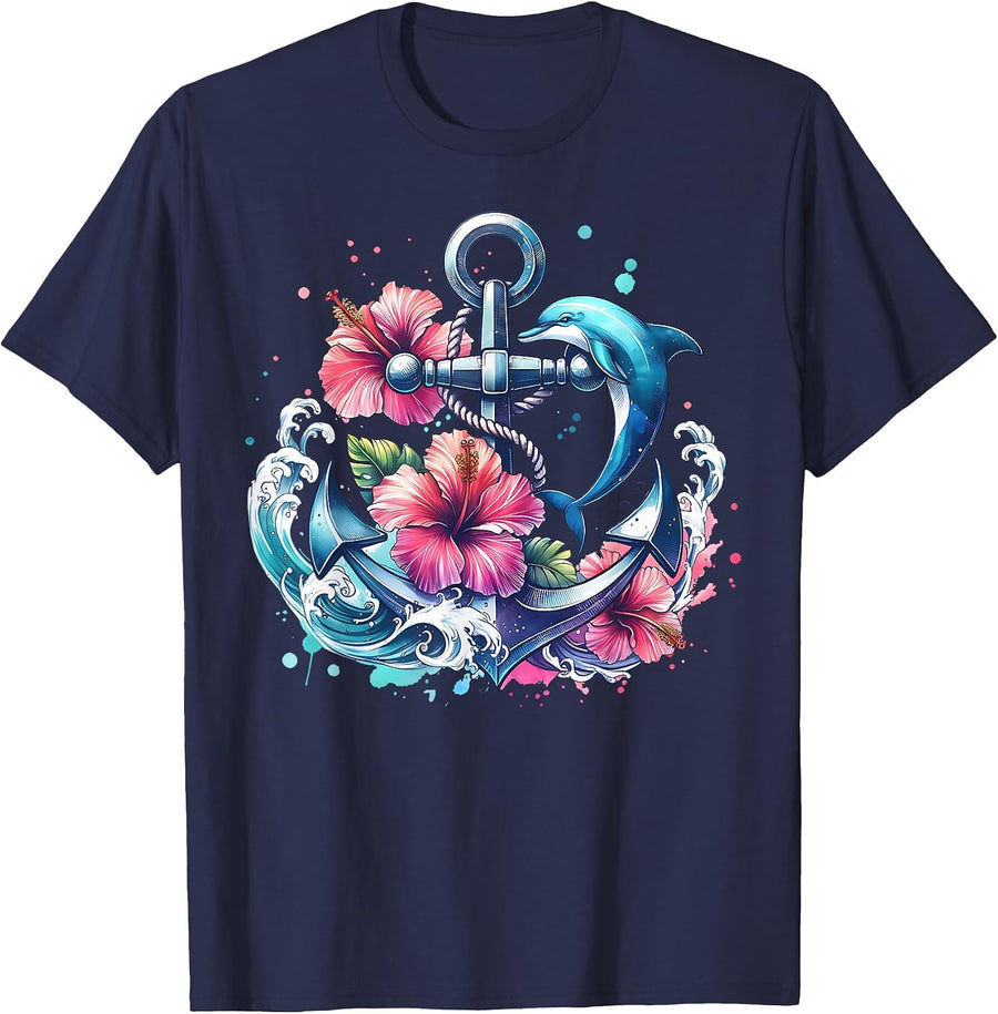 Watercolor Floral Anchor Dolphin Nautical Sea Animal Summer T-Shirt - Navy Blue