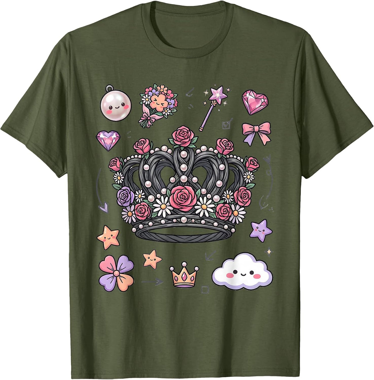 Men's Gigi Floral Pearl Crown Illustration T-Shirt - Olive Green