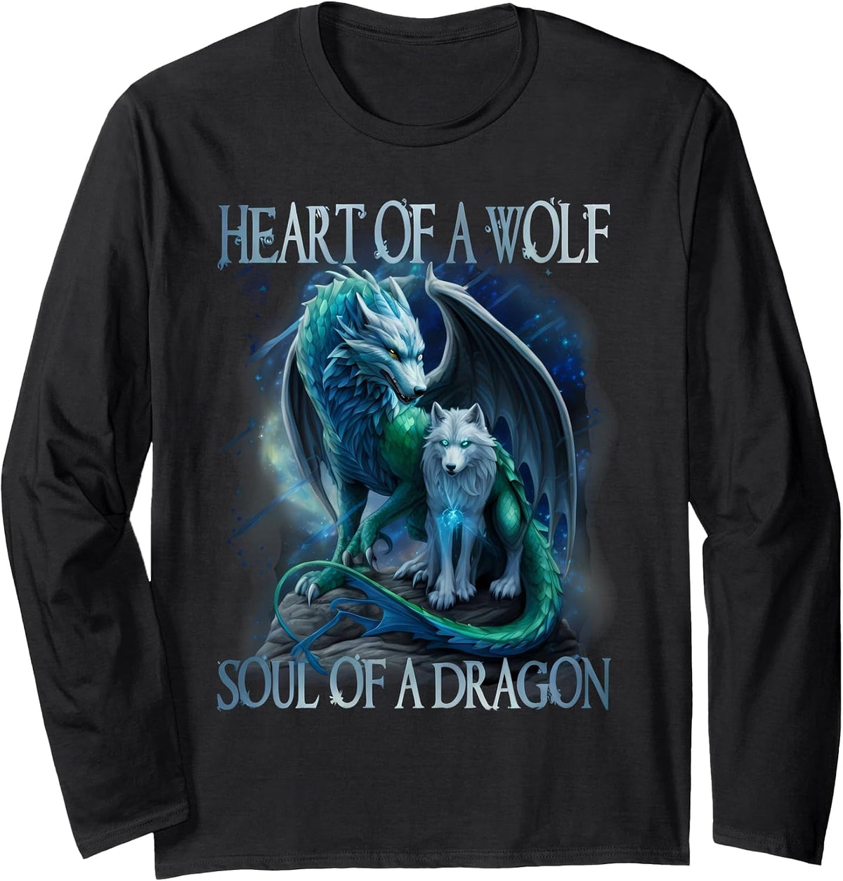 Heart of Wolf Soul of A Dragon - Cool Dragon - Wolf Warrior Long Sleeve T-Shirt - Adult Unisex Black