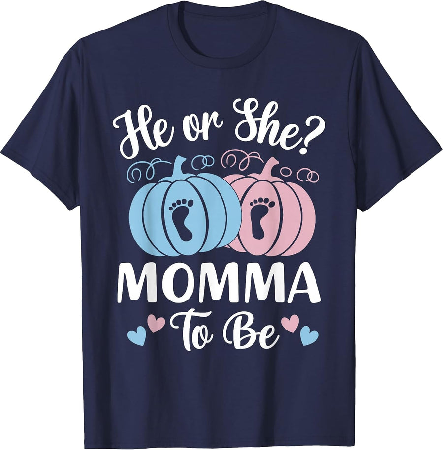 Halloween He or She Momma to Be Pumpkin T-Shirt - Navy Blue