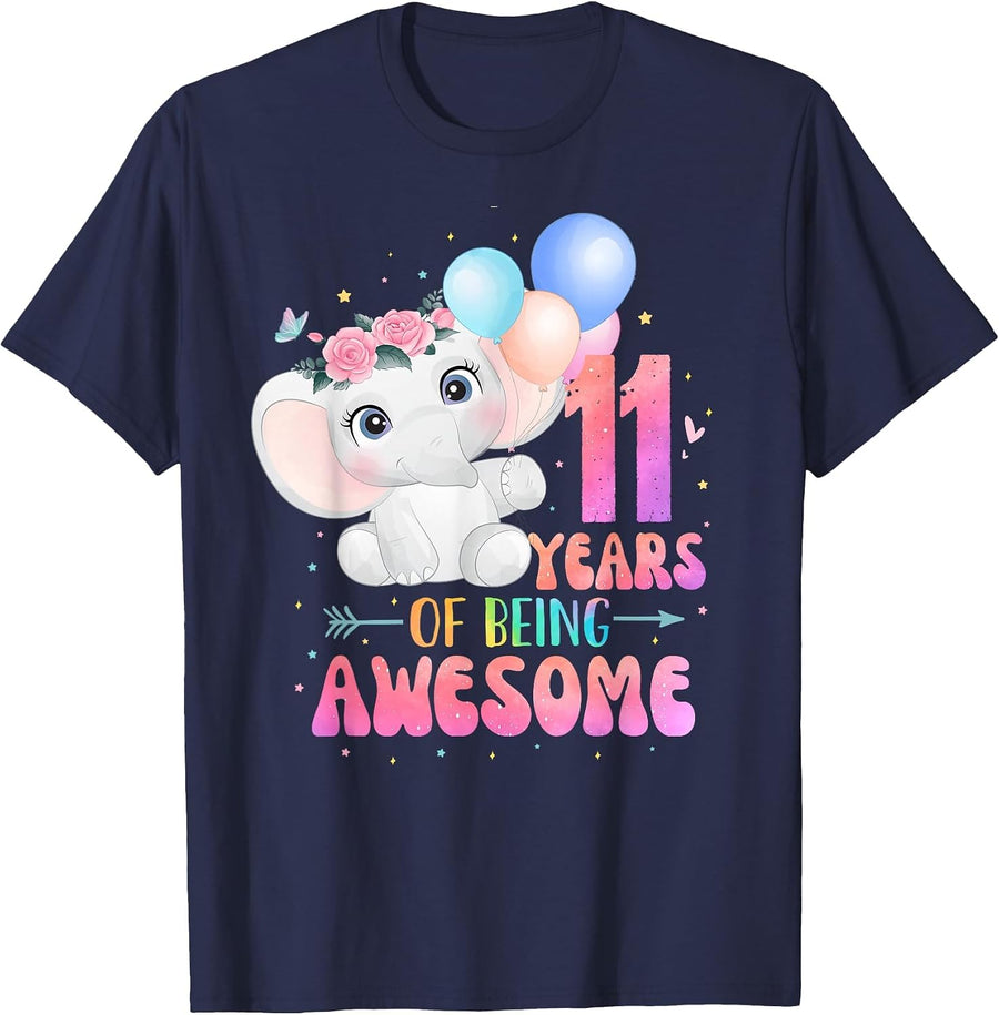 11 Years of Being Awesome Cute Elephant 11th Birthday Girl T-Shirt - Navy Blue