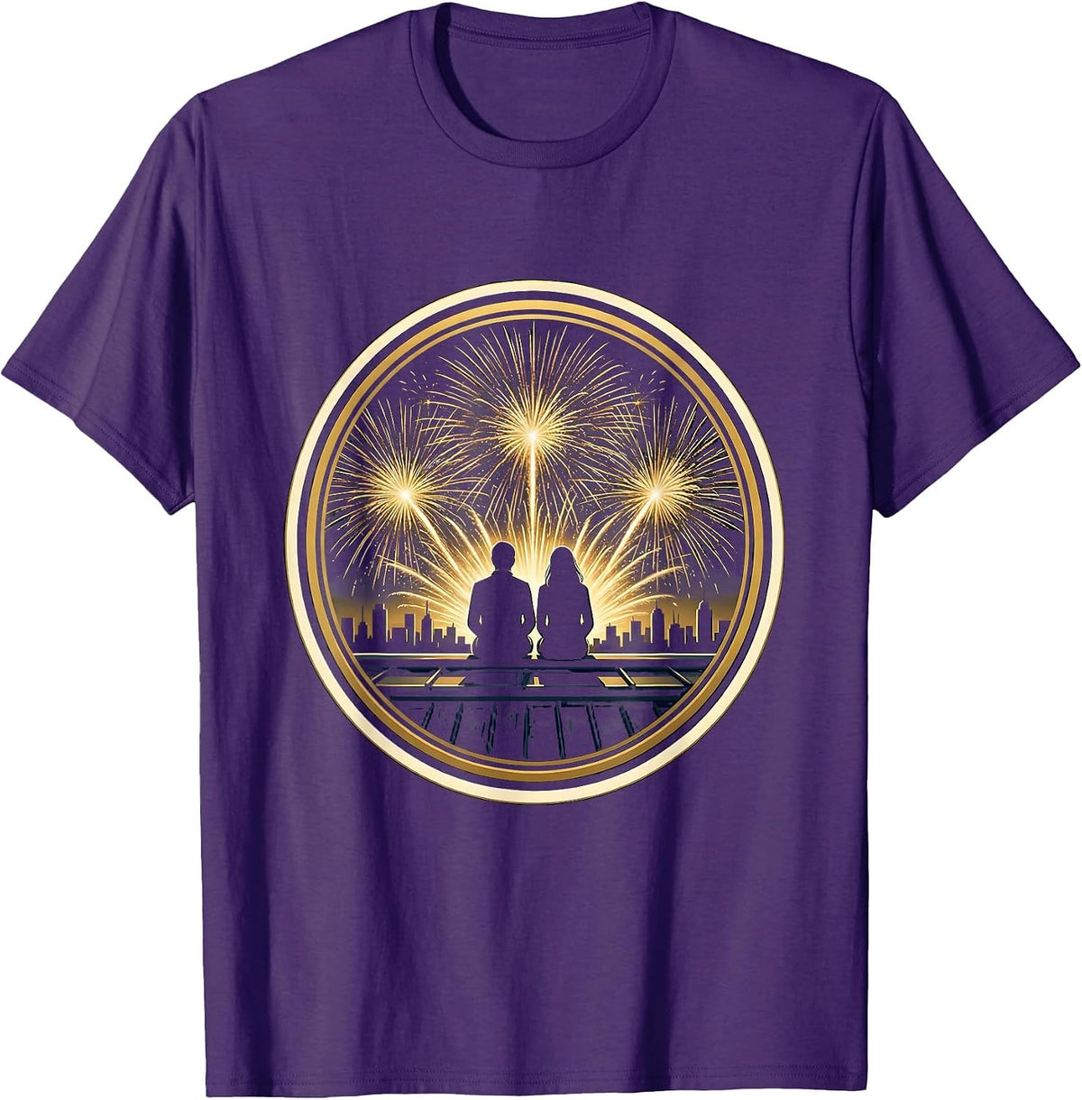 Rooftop Fireworks Couple Night Sky Illustration T-Shirt - Purple