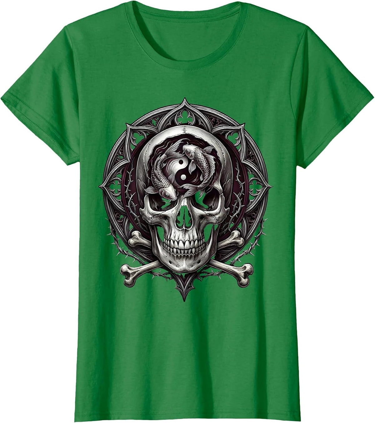 Skull Koi Fish Zen Art Graphic Design T-Shirt - Kelly Green