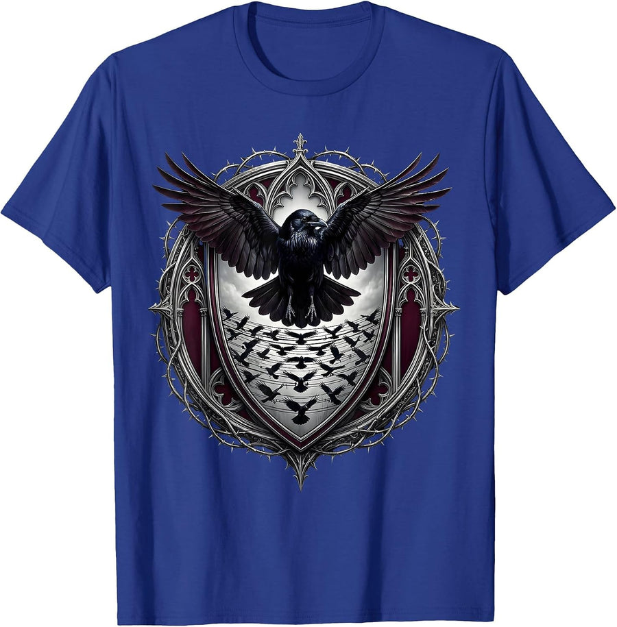 Crows on Power Lines Dark Nature Illustration T-Shirt - Royal Blue