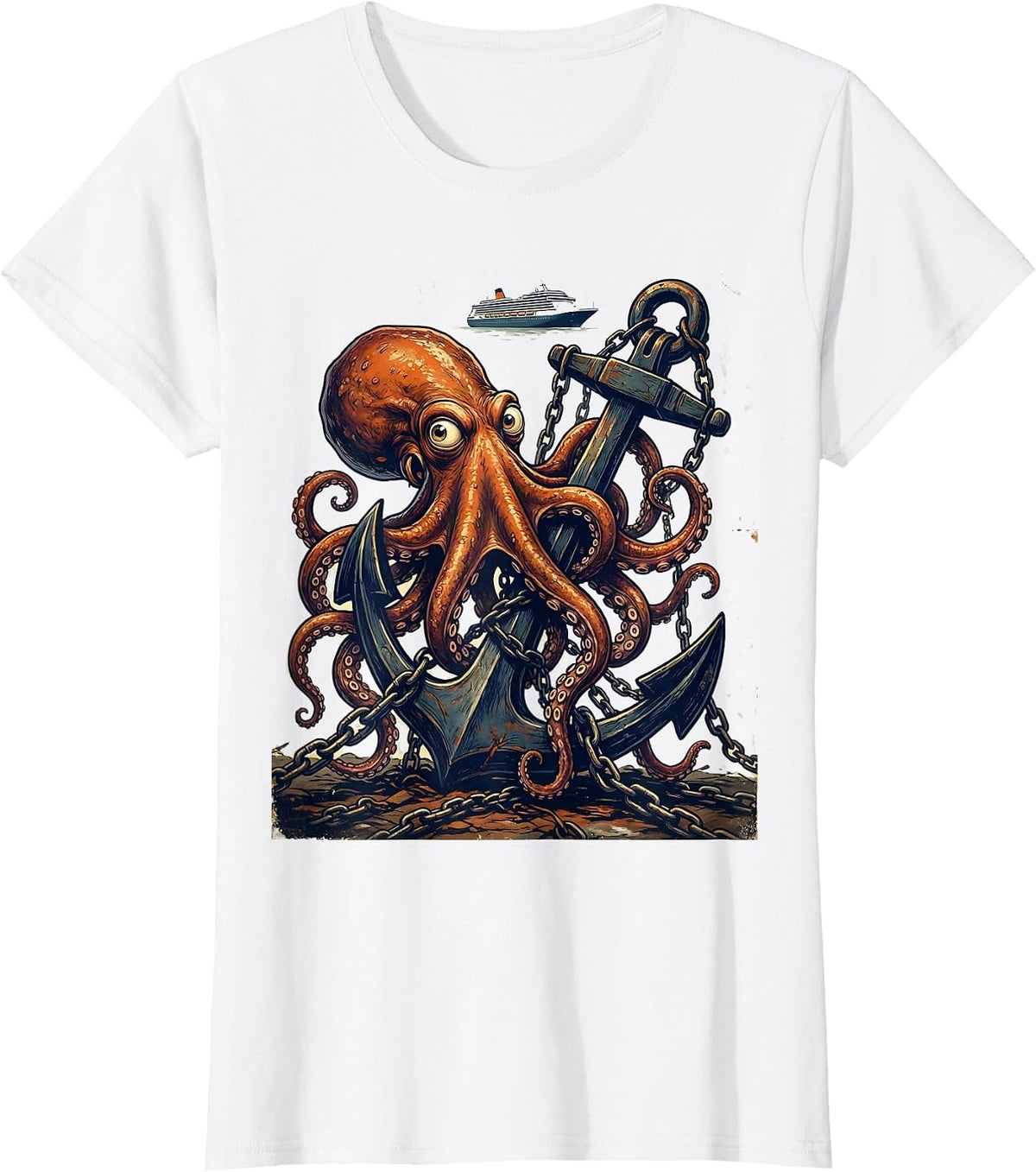 Funny Octopus Tangled in Cruise Ship Anchor T-Shirt - White