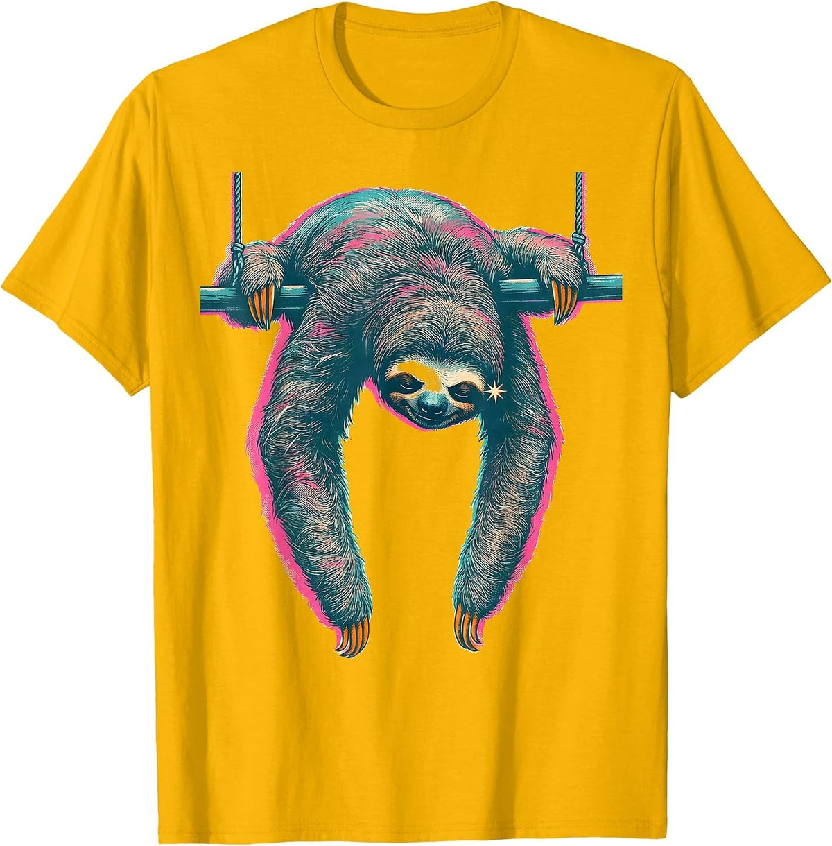 Men's Sloth Draped Over Pendulum Bar Risograph Humor T-Shirt - Golden Yellow