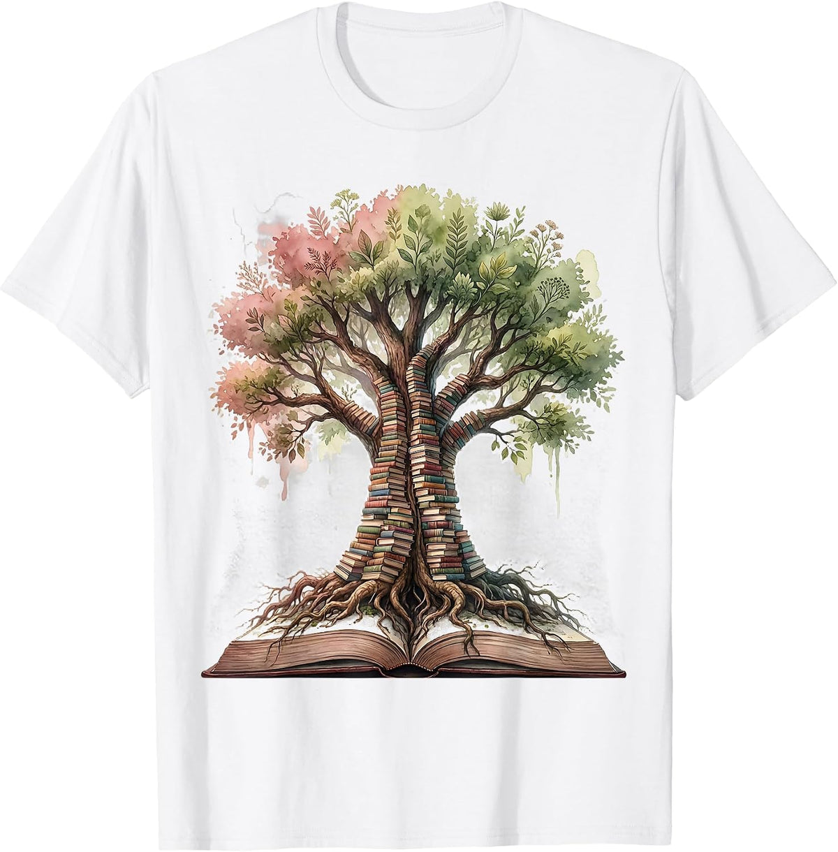 Men's Library Bookshelf Tree Illustration Graphic T-Shirt - White