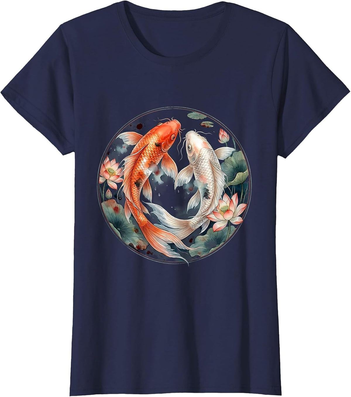 Women's Koi Fish Yin Yang Circle Illustration T-Shirt - Navy Blue