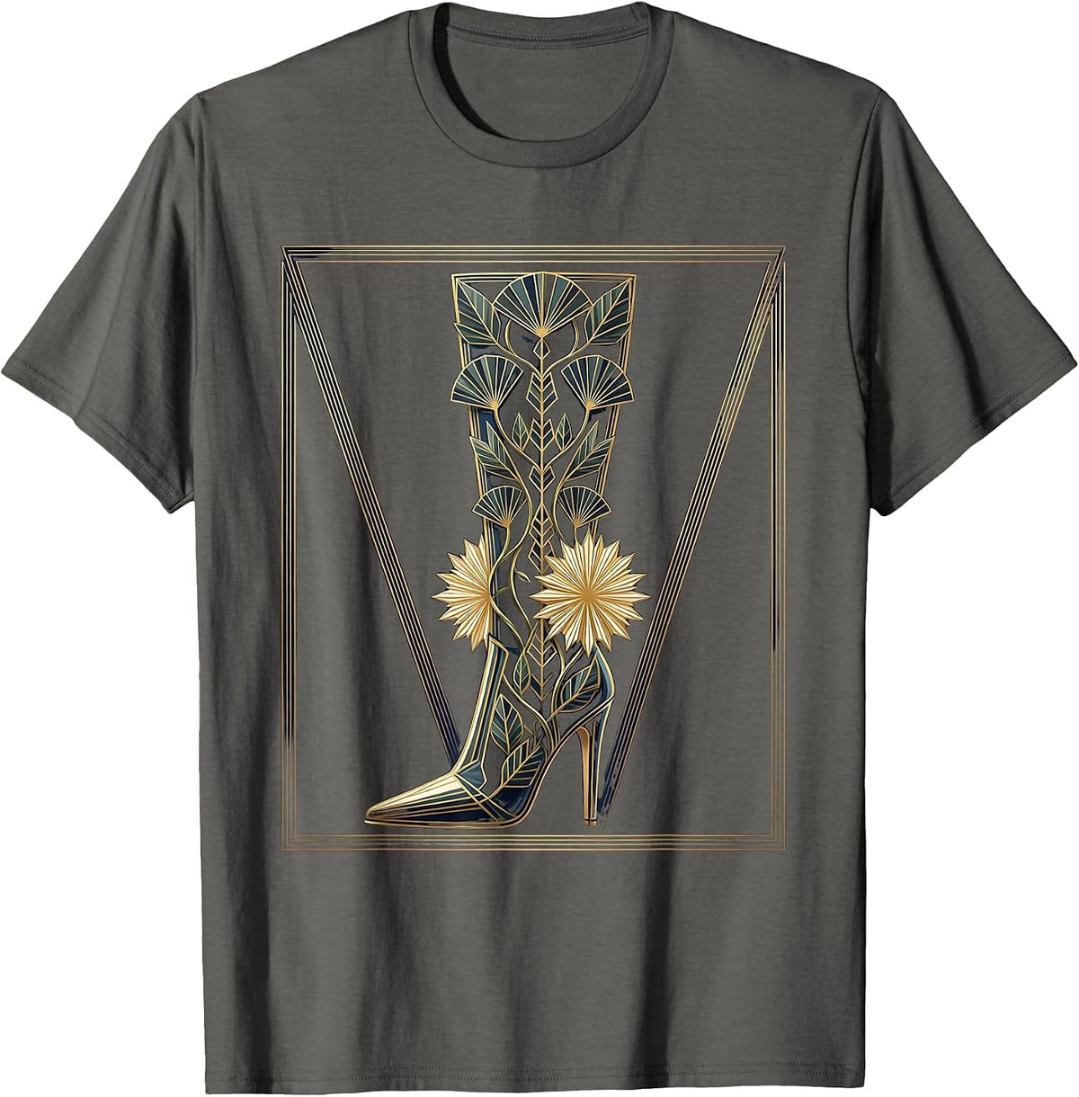 Vintage Romance High Heel Boot with Climbing Vines T-Shirt - Asphalt Grey