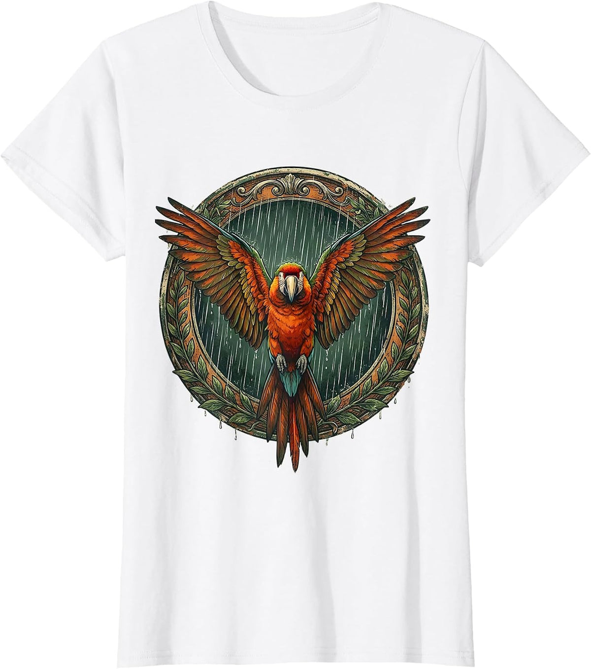 Parrot Spreading Wings in the Rain Jungle Art T-Shirt - White