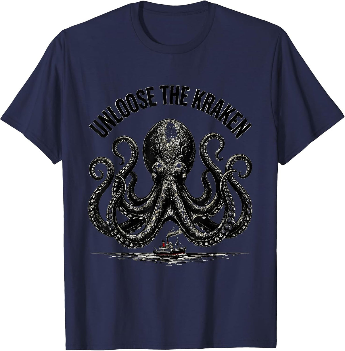 Men's Unloose The Kraken Vintage Kraken Sea Monster Octopus Lover T-Shirt - Navy Blue
