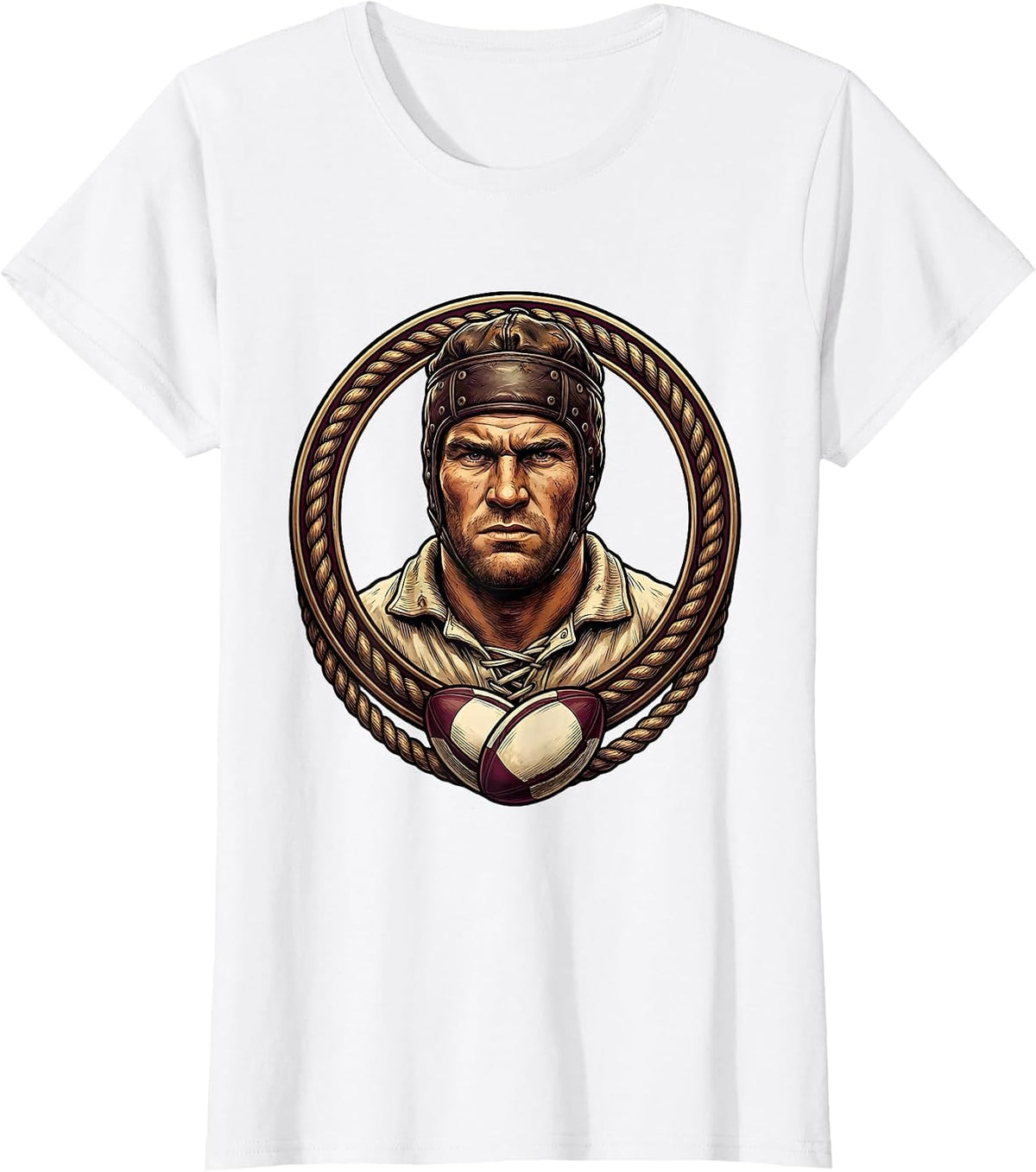 Vintage Rugby Player Old Leather Helmet Graphic T-Shirt - White