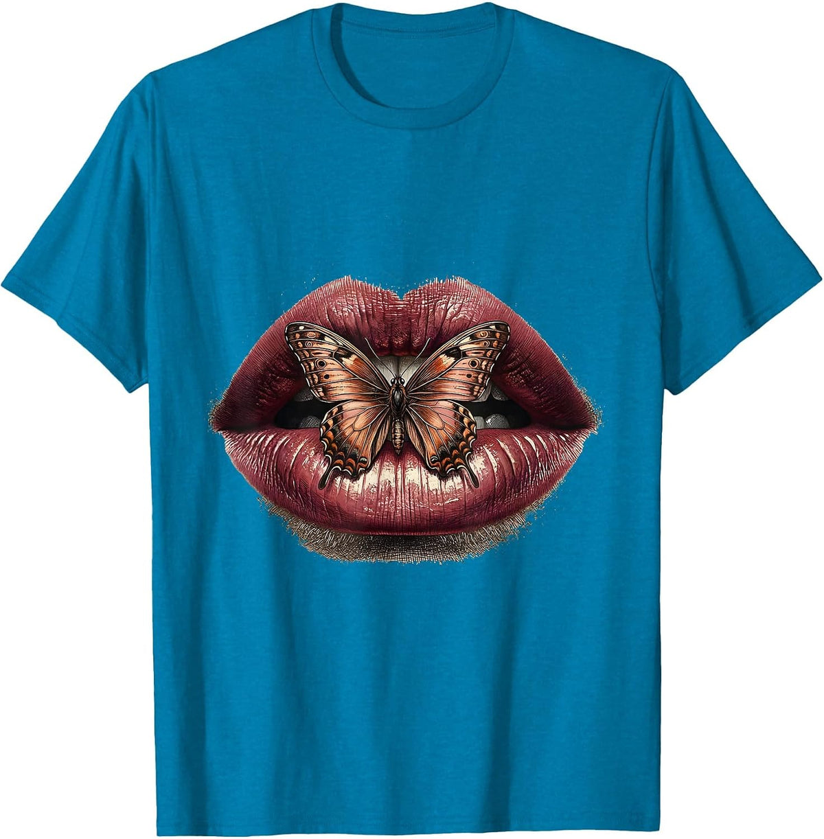 Bold Lips Butterfly Graphic Tee | Gigi Design T-Shirt - Sapphire Blue