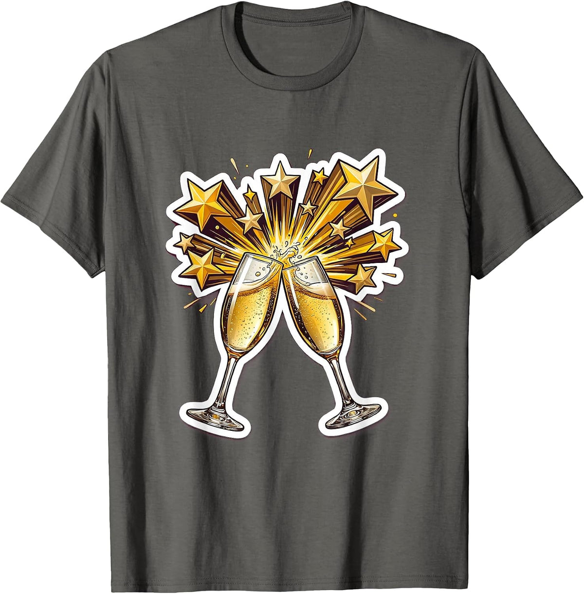 Birthday Celebration Champagne Clinking Stars Design T-Shirt - Asphalt Grey