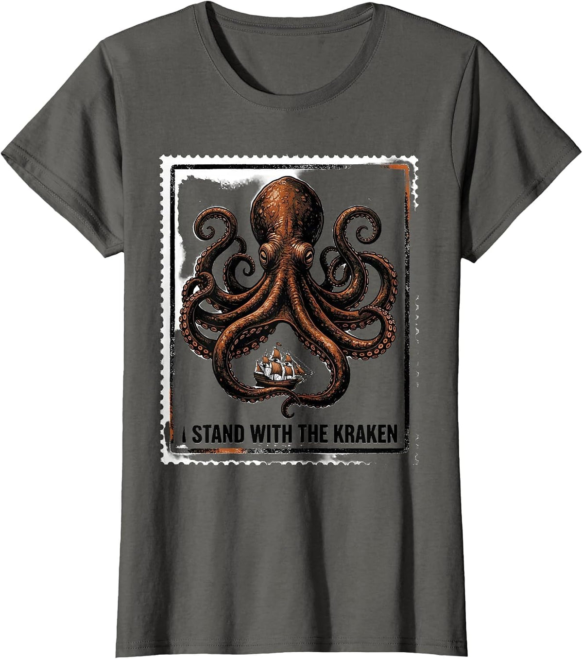 Women's I Stand With The Kraken Vintage Japanese Kraken Octopus T-Shirt - Asphalt Grey