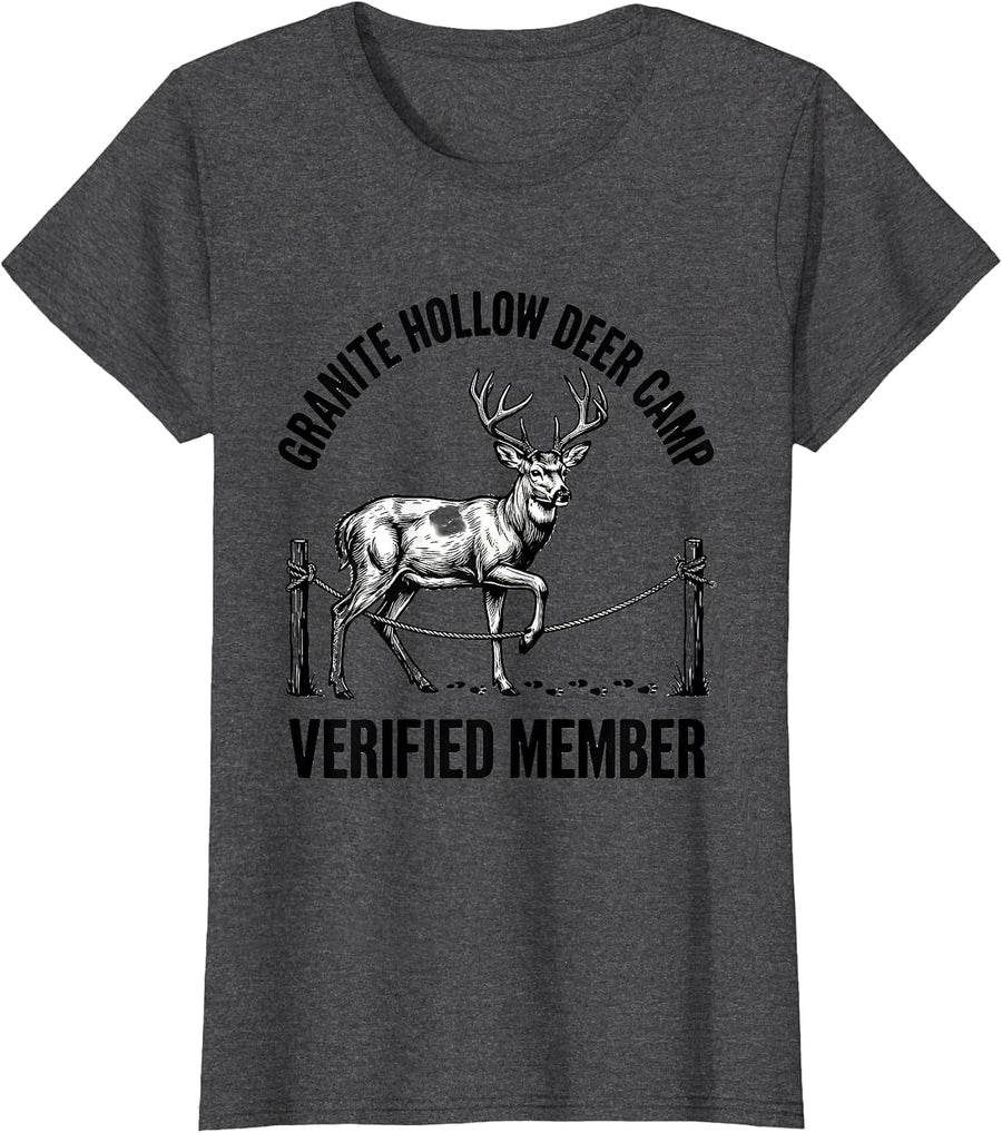 Women's Granite Hollow Deer Camp Verified Member Hunter Dad T-Shirt - Dark Heather Grey