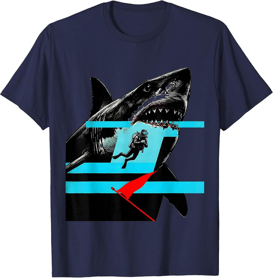 Shark Silhouette Tanked Diver Humor Scuba Diving Gift T-Shirt - Navy Blue