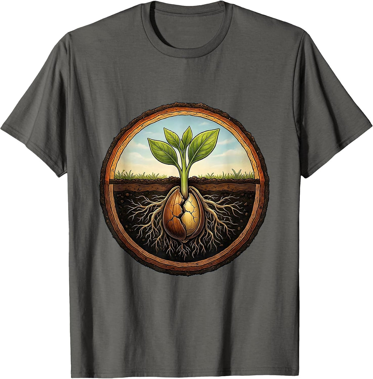 Seed To Sprout Growth Illustration Graphic T-Shirt - Asphalt Grey