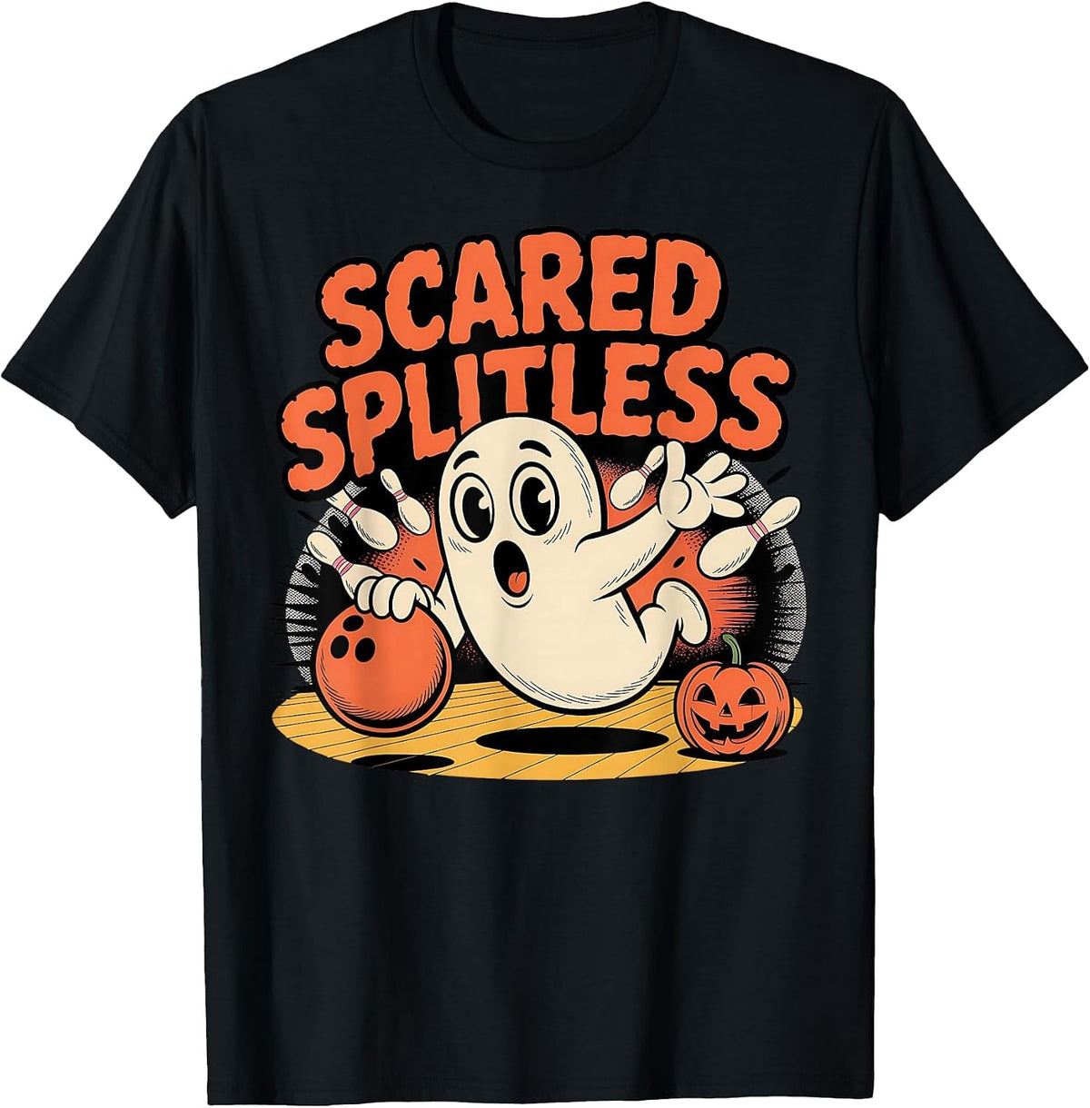 Scared Splitless Ghost Bowling Halloween Fun Design T-Shirt - Black